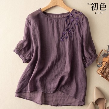 初色 純色輕薄棉麻花卉刺繡圓領短袖T恤上衣女上衣-共3色-35307(M-2XL可選)