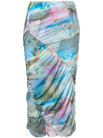 GANNI - Wild Orchid-print ruched midi skirt - women - Polyamide/Elastane/Recycled Polyamide - 36 - Blue