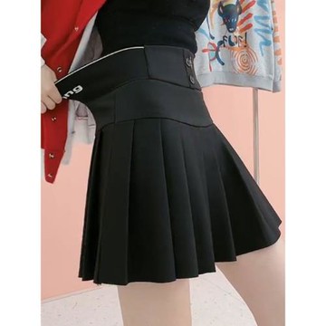 彈力松緊腰百褶裙女春夏字母收腹半身裙黑色高腰顯瘦a字抗皺短裙