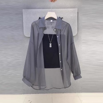 灰色薄紗防曬衣襯衫女薄款外套夏季配吊帶裙外搭開衫雪紡天絲襯衣