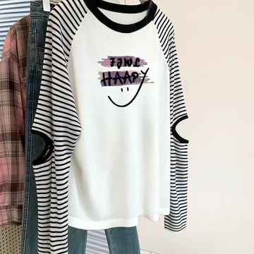 衣時尚 大碼上衣 長袖T卹 印花T卹 T恤衫中大碼 M-4XL新款撞色條紋寬鬆顯瘦拼接打底上衣-7231.