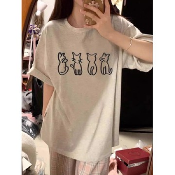 女生上衣 慵懶風 男生短袖 oversize寬鬆 韓版短T 圓領半袖 上衣女 女夏季韓版復古大尺碼家居服外穿純棉短袖T恤