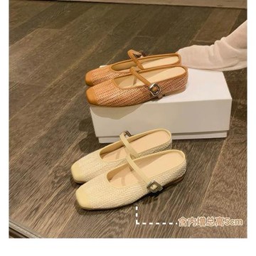 葡萄媽同款現貨秒發~增高5cm~度假風草編方頭涼拖懶人半拖女夏季