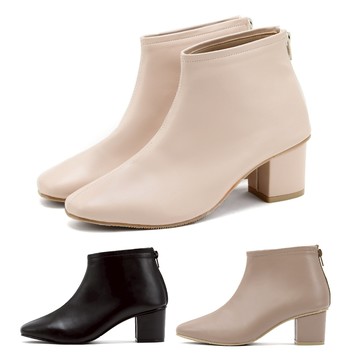 【白鳥麗子】方頭靴 MIT百搭素面皮革後拉鍊高跟短靴 店長推薦