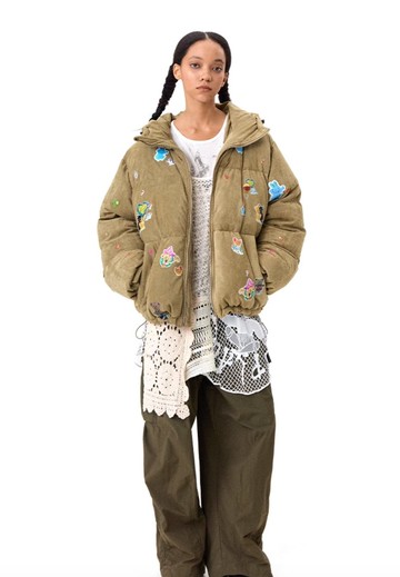 美式復古 貼貼樂 麂皮磨毛感棉服上衣