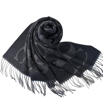COACH 大C LOGO羊毛流蘇圍巾-黑色