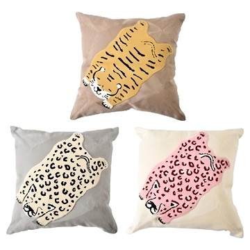 Life+ 動物藝術立體刺繡抱枕/繡花靠墊/靠枕 快樂幸福組合  45 x 45cm  虎你快樂 + 豹你幸福 + 豹你富貴 黃色+ 白色 + 粉色