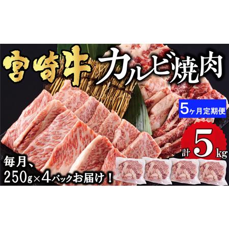 ふるさと納税  宮崎牛 カルビ 焼肉 1kg (250g×4) ×5回 合計5kg 小分け 牛肉 真空包装 バラ 冷凍 送料無料 国産 牛 肉 .. 宮崎県美郷町