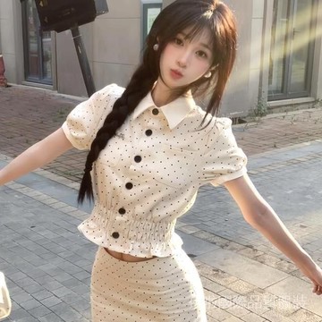 甜美半身裙波點富家蕾絲邊襯衫兩件套韆翻領短袖夏季金感套裝裙女