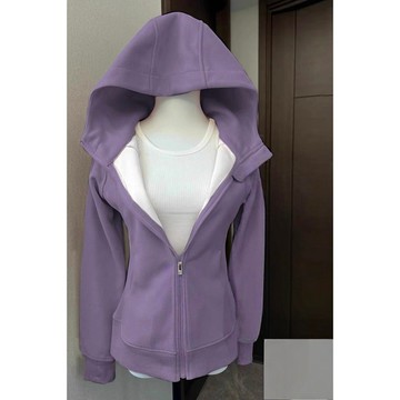 【美式復古高級紫色】oversize 寬鬆慵懶風 休閒連帽外套 開衫衛衣 女 春秋 運動風 拉鍊修身外套 韓版小眾 棒球