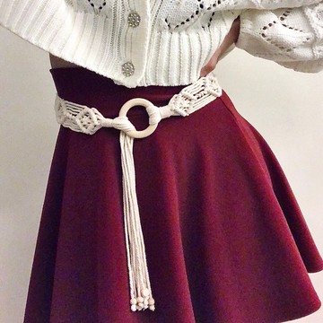 手工編織流蘇腰帶 麻花菱形圖騰 木環佩飾 木珠流蘇垂墜 波西米亞