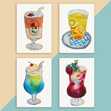 【夏日飲品提案】紅茶 奶茶 水果茶 台灣明信片一套4張 萬用卡