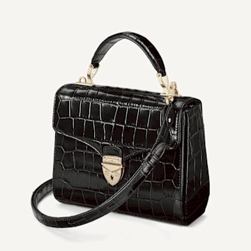 ASPINAL of LONDON  MIDI Mayfair Bag (黑)(寬鱷魚壓紋/皮革背帶)