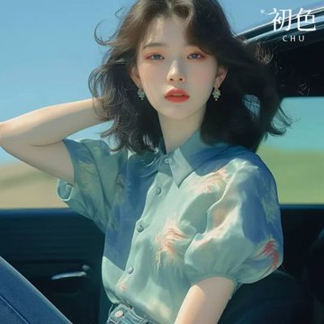 初色 休閒印花輕薄透氣翻領泡泡袖短袖襯衫上衣女上衣-綠色-37333(M-3XL可選)