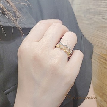 【焦糖小姐 Ms caramelo】 925純銀電鍍 鋯石銀戒 雙戒組合(開口銀戒 排戒銀戒)