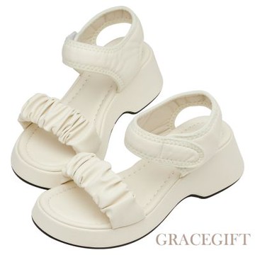 【Grace Gift】甜酷潮感雲朵抓皺雙帶厚底涼鞋 米白