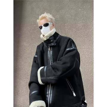 cleanfit鹿皮絨羊羔絨棉服男加絨加厚皮毛一體機車服棉衣工裝外套