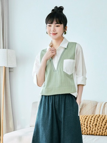 假兩件針織背心拼接襯衫領寬鬆長袖上衣