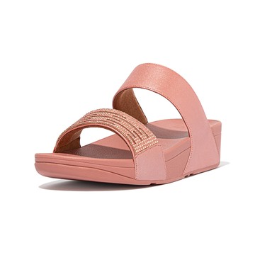 LULU LASERCRYSTAL LEATHER SLIDES雕刻及水鑽造型雙帶涼鞋−玫瑰色