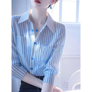 法式輕熟絕美藍色條紋Polo領長袖襯衫女春秋款高級感休閑通勤襯衣