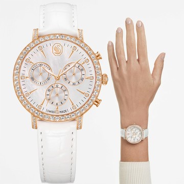 SWAROVSKI 施華洛世奇 Dextera Octagon 珍珠貝水晶三眼計時女錶-36mm(5754536)