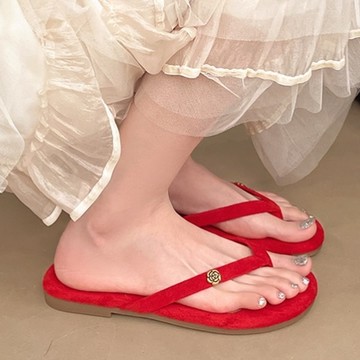 【現貨出清】夾腳鞋．多色絨布山茶花平底拖鞋．白鳥麗子