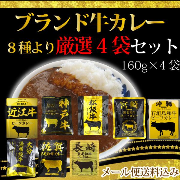 ブランド牛のビーフカレー8種より厳選4袋セット (1人前160g × 4袋) 中辛 松坂牛 近江牛 宮崎黒毛和牛 神戸牛　他4種　計8種　メール便送料無料