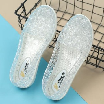 水晶透明涼鞋女夏季平底防滑果凍鞋透氣工作鞋女可濕水塑料媽媽鞋