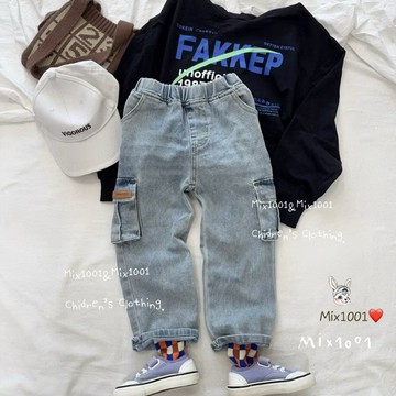 🌈✨mix1001中大童 雪花刷色仿舊皮標口袋牛仔長褲✨大童 柔軟舒適直筒牛仔褲（24-34）