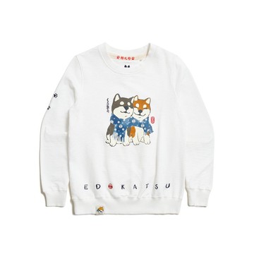 江戶勝 日系 女裝 勝太郎與黑丸友達長袖T恤(米白色) #上衣