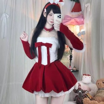 聖誕節兔女郎cos制服性感夜店新年戰袍紅色純欲風辣妹抹胸連衣裙