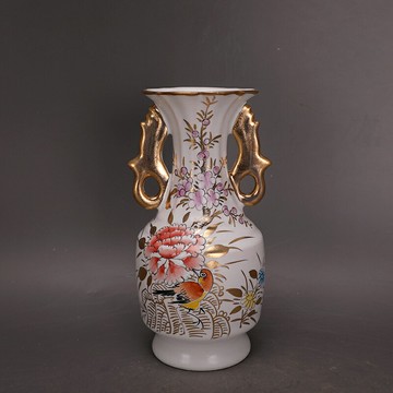 宋汝窯月白釉描金彩繪花鳥雙鳳尊瓶瓷器古玩老貨收藏品復古擺件