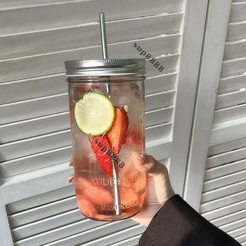 桃園出貨高顔值玻璃吸管盃玻璃盃大容量奶茶盃梅森盃美式自製冷飲盃水盃