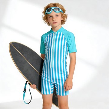 Amber外貿單 新款男童男孩短袖平角沖浪服連體游泳衣沙灘溫泉防曬