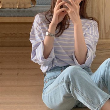 韓版粉色條紋T恤女2025春新款寬松長袖休閑長袖打底衫設計感上衣