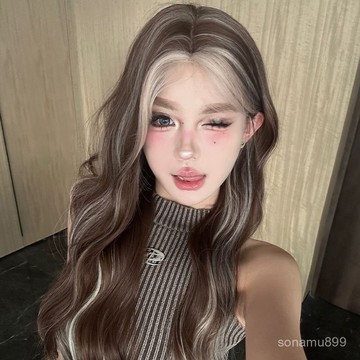 髮飾館🥇kuku公主小額蕾絲假髮女長捲髮灰金挑染自然全頭套美式亞裔風髮套自然 逼真 造型裝扮 修飾臉型 新款 增加髮量