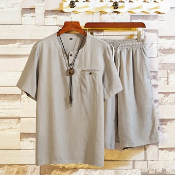 2022夏季新款中年男裝棉麻爸爸夏裝短袖中老年人爺爺亞麻休閑套裝