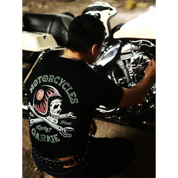 阿美咔嘰機車潮牌地獄騎士骷髏頭重磅純棉寬松男士黑色短袖T恤潮