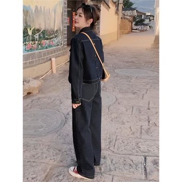 2025年秋季港風小個子別致牛仔外套高級設計感減齡闊腿褲兩件套裝