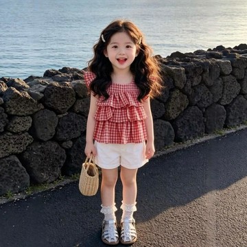 🎀biubiu童裝🎀女大童夏季格子小飛袖上衣新款蛋糕娃娃衫短袖潮兒童韓系甜美