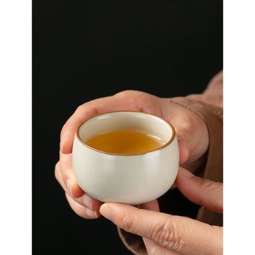 米色汝窯功夫茶杯陶瓷品茗杯可養開片純色主人杯個人專用杯子茶盞