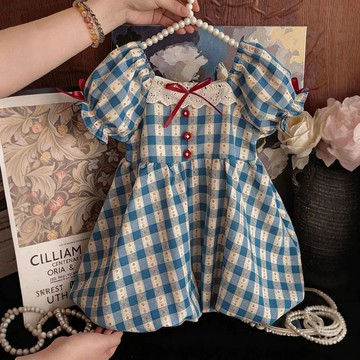 ❤️百搭童裙❤️女童連衣裙女寶寶藍白格子泡泡袖裙子女孩夏季新款花苞裙公主裙 CMYH