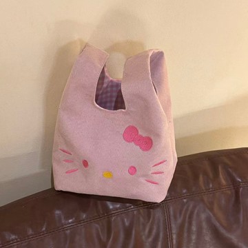 kitty手提包 韓系灰粉色kitty刺繡手提包可愛手拎包通勤百搭便攜外出手挽包