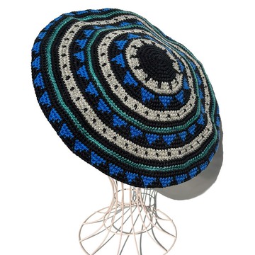 【鉤針貝蕾帽】鋸齒紋 條紋 貝蕾帽 藍×綠