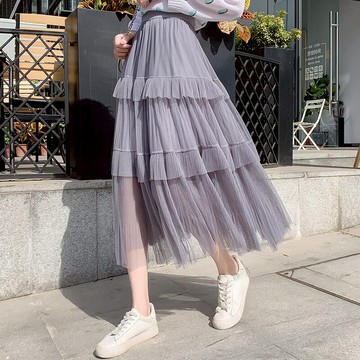 春裝女裝新款百搭網紗半身裙女高腰顯瘦中長款仙女百褶裙子潮1入