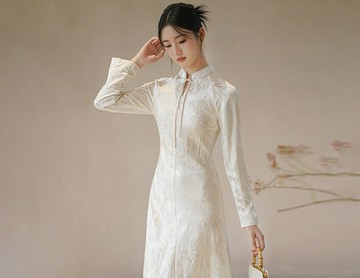 新中式 秋冬中國風竹葉提花茶服素雅氣質連衣裙洋裝