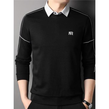 假兩件套男襯衫領長袖棉t恤2026春秋季休閑男裝薄款針織打底衫潮