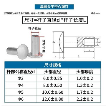 [精選]鋁大扁頭半空心鉚釘半空心鋁鉚釘圓頭空心鉚釘M2M2.5M3M4M5M6