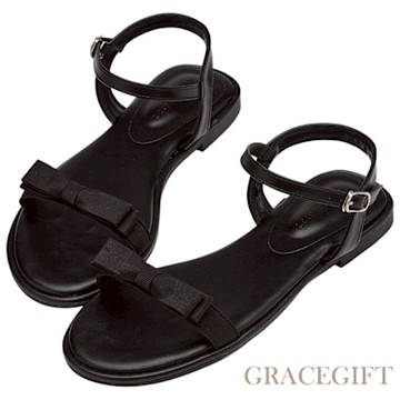 【Grace Gift】日常歐膩蝴蝶結一字帶繞踝平底涼鞋 黑
