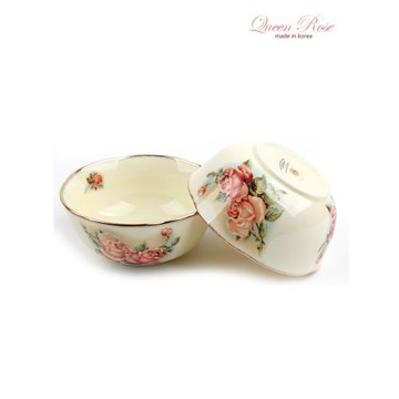 韓國進口QueenRose女皇玫瑰飯碗湯碗鑲邊13k金色碗釉中彩韓式瓷碗